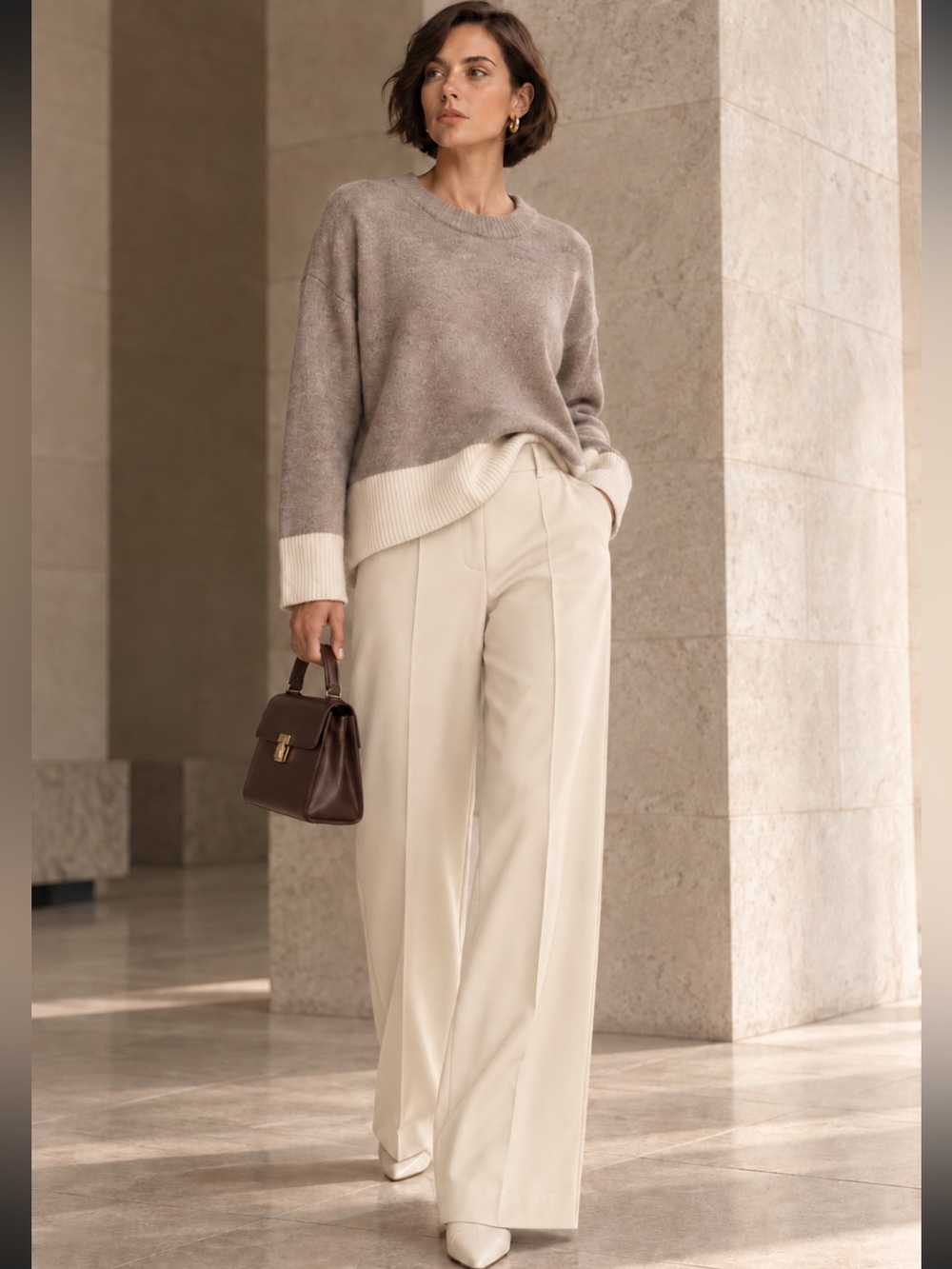 Neutral Colorblock Boxy Knit Sweater Soft Minimalist Large